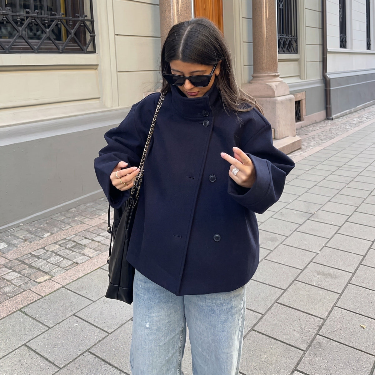 Women oversized stand collar jacket button front cropped hip length