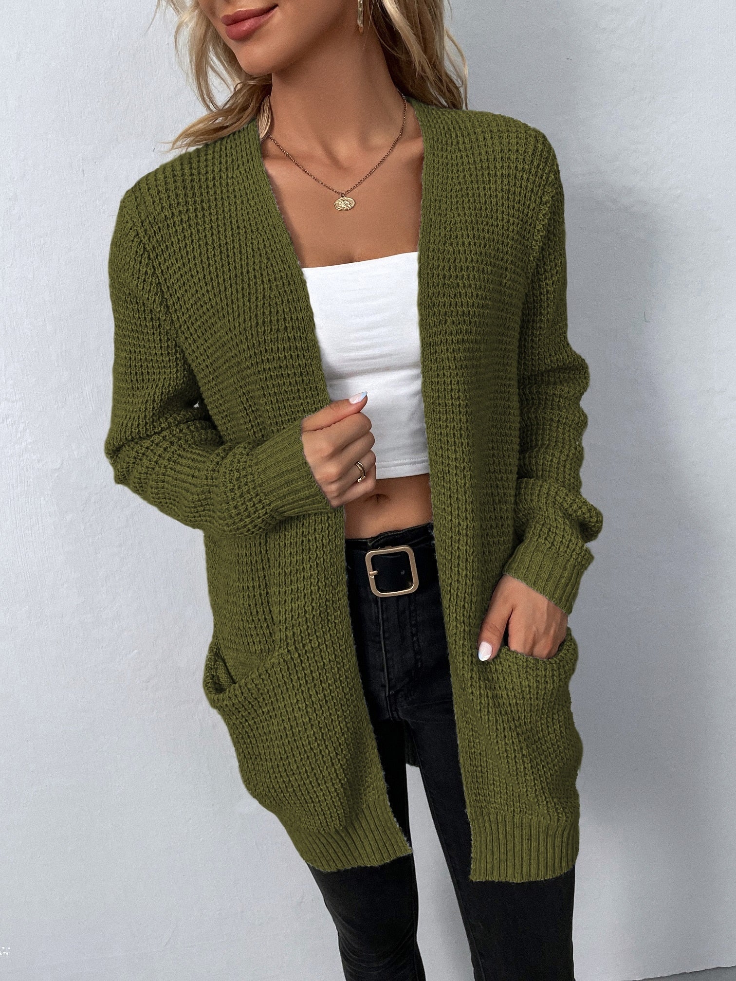 Women's Knit Cardigan | Long Length, V-Neck | Elegant