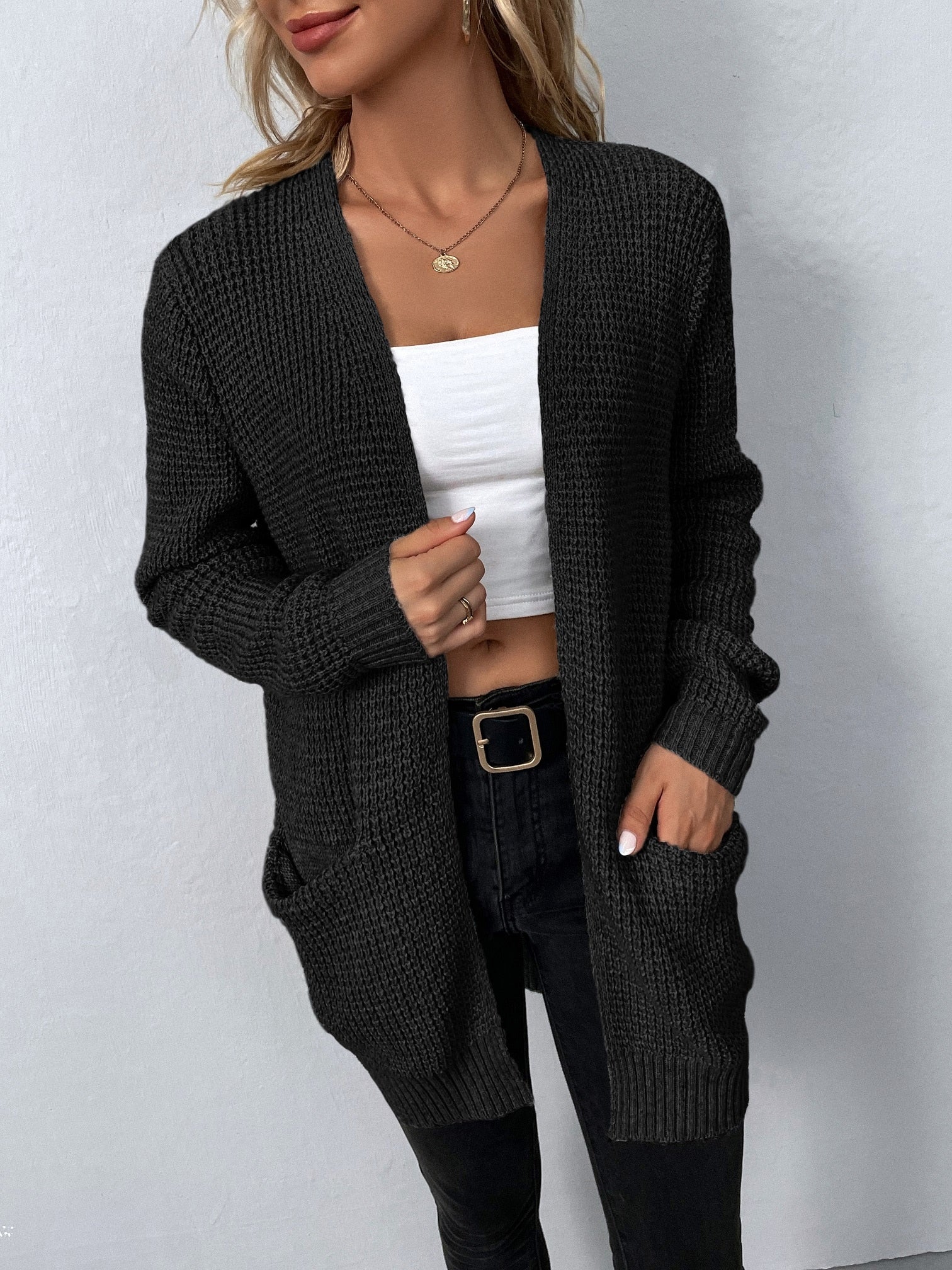 Women's Knit Cardigan | Long Length, V-Neck | Elegant