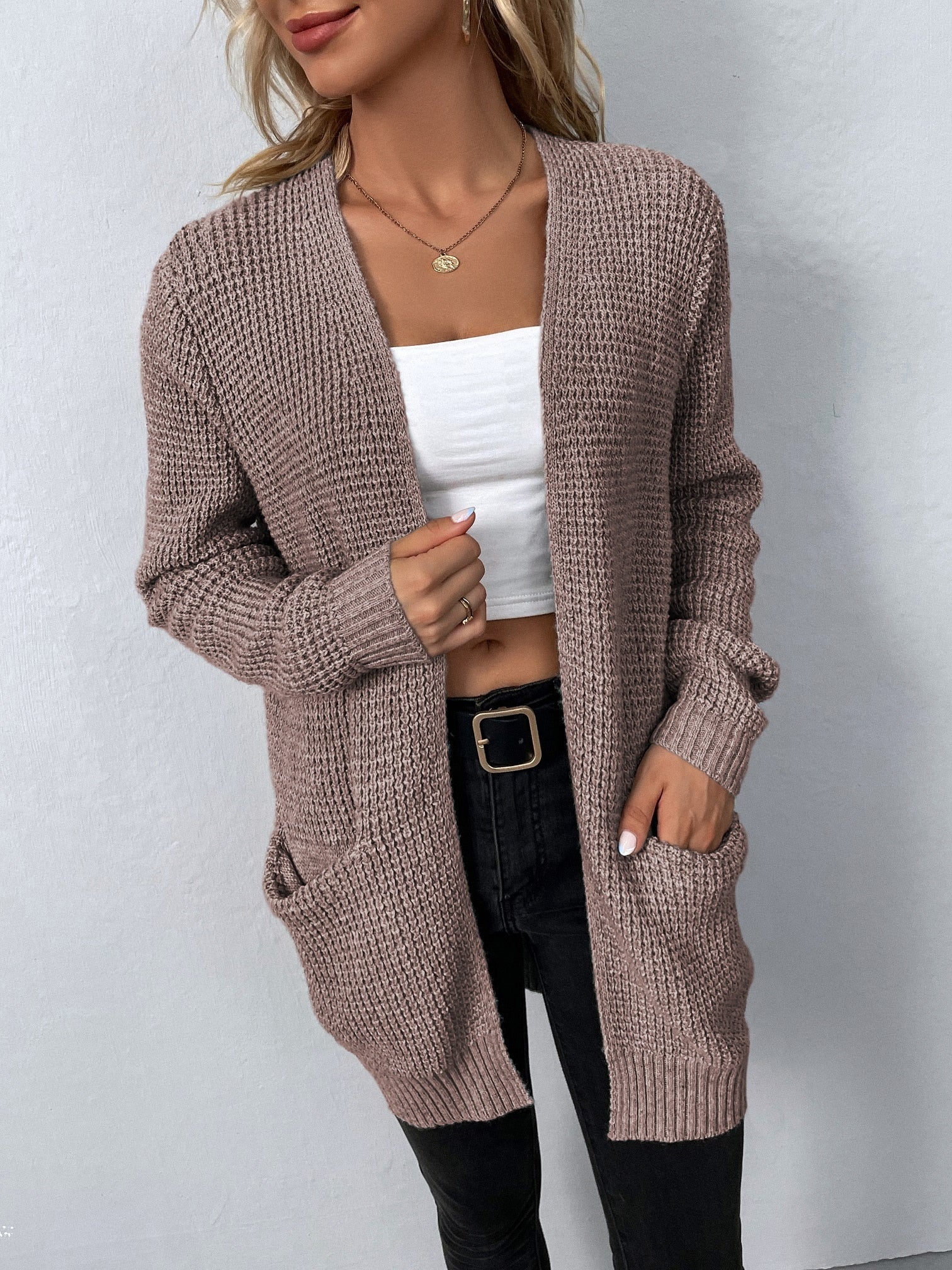 Women's Knit Cardigan | Long Length, V-Neck | Elegant