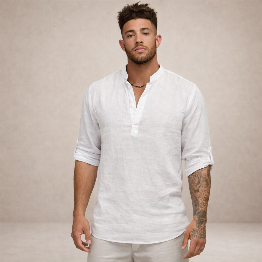 Men's Linen Shirt | Regular Fit, Long Sleeves, Standing Collar