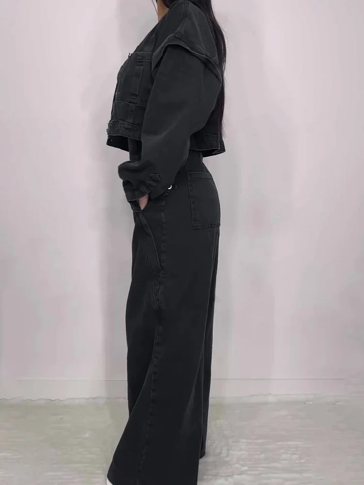 Denim Jumpsuit Set | Zip Front with Matching Jacket | Stretch