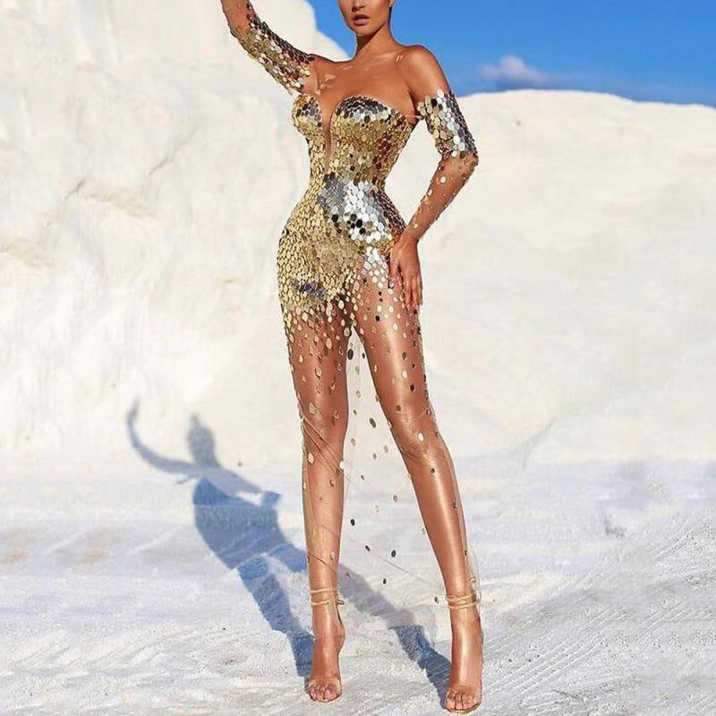 Sequin Dress | Gold Banquet Evening Gown | Women's Elegant