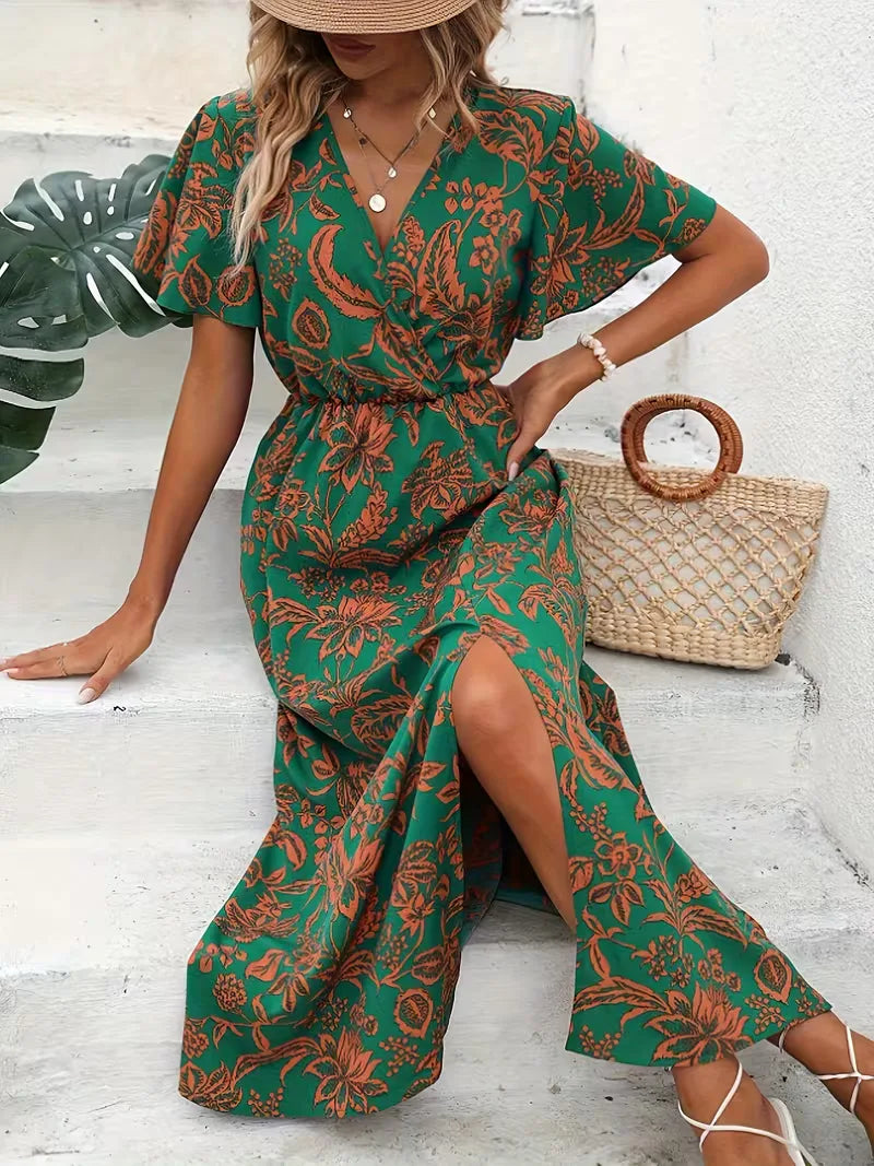 Floral Wrap Summer Dress | Bohemian, Midi, Short Sleeve