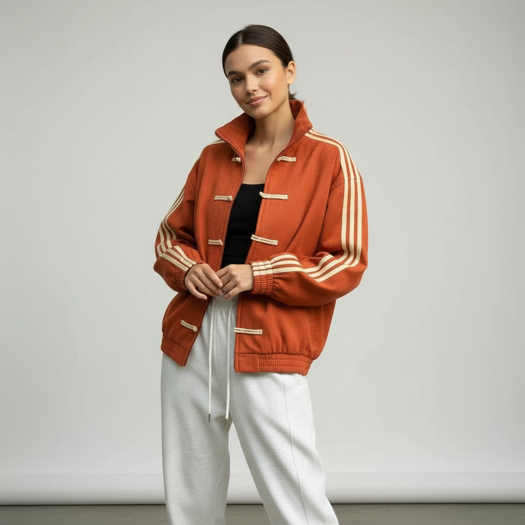 Women retro velour track jacket with contrast sleeve stripes and button closure