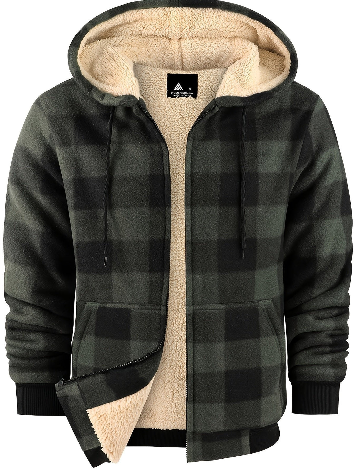 Plaid hooded jacket men lumberjack style with plush lining and front zip