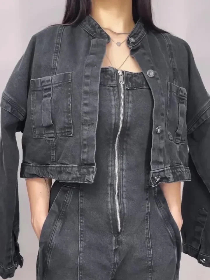 Denim Jumpsuit Set | Zip Front with Matching Jacket | Stretch