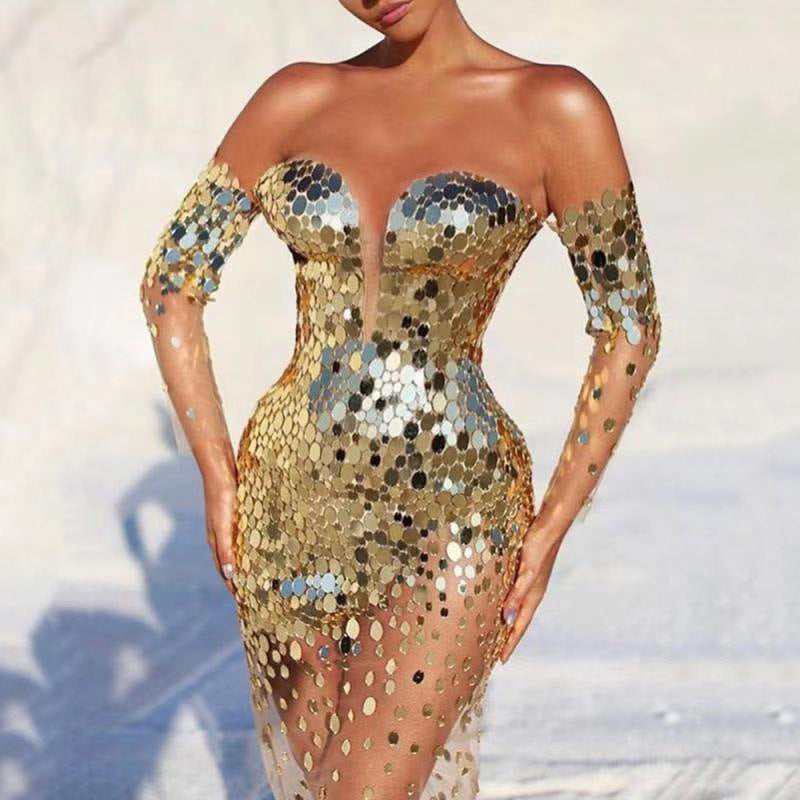 Sequin Dress | Gold Banquet Evening Gown | Women's Elegant