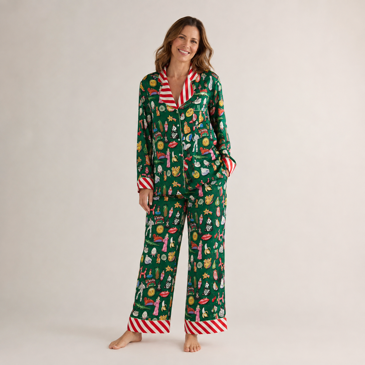 Womens satin Christmas pyjamas set with long sleeve top and full length pants