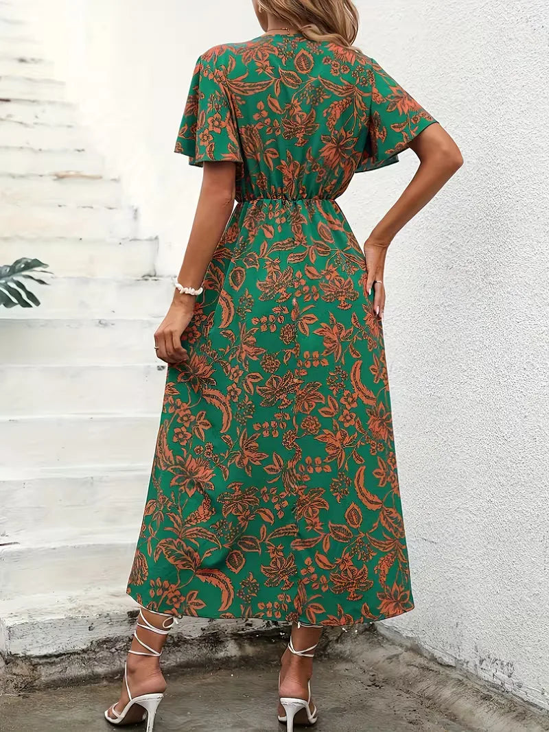 Floral Wrap Summer Dress | Bohemian, Midi, Short Sleeve