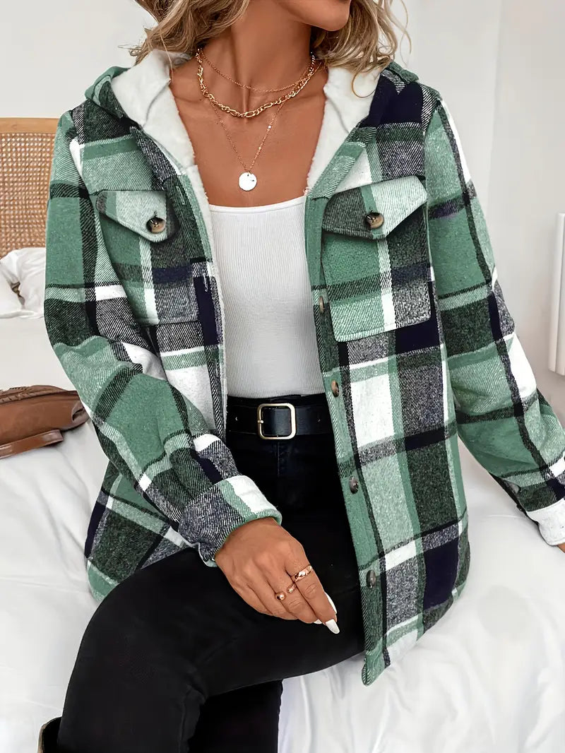 Plaid hooded jacket women with fleece lining and hood
