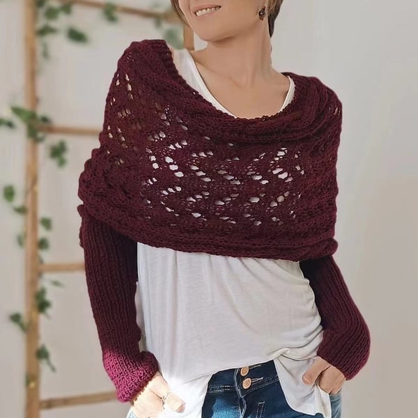Women everything winter knit shawl scarf wrap with double sleeves in multiple colours