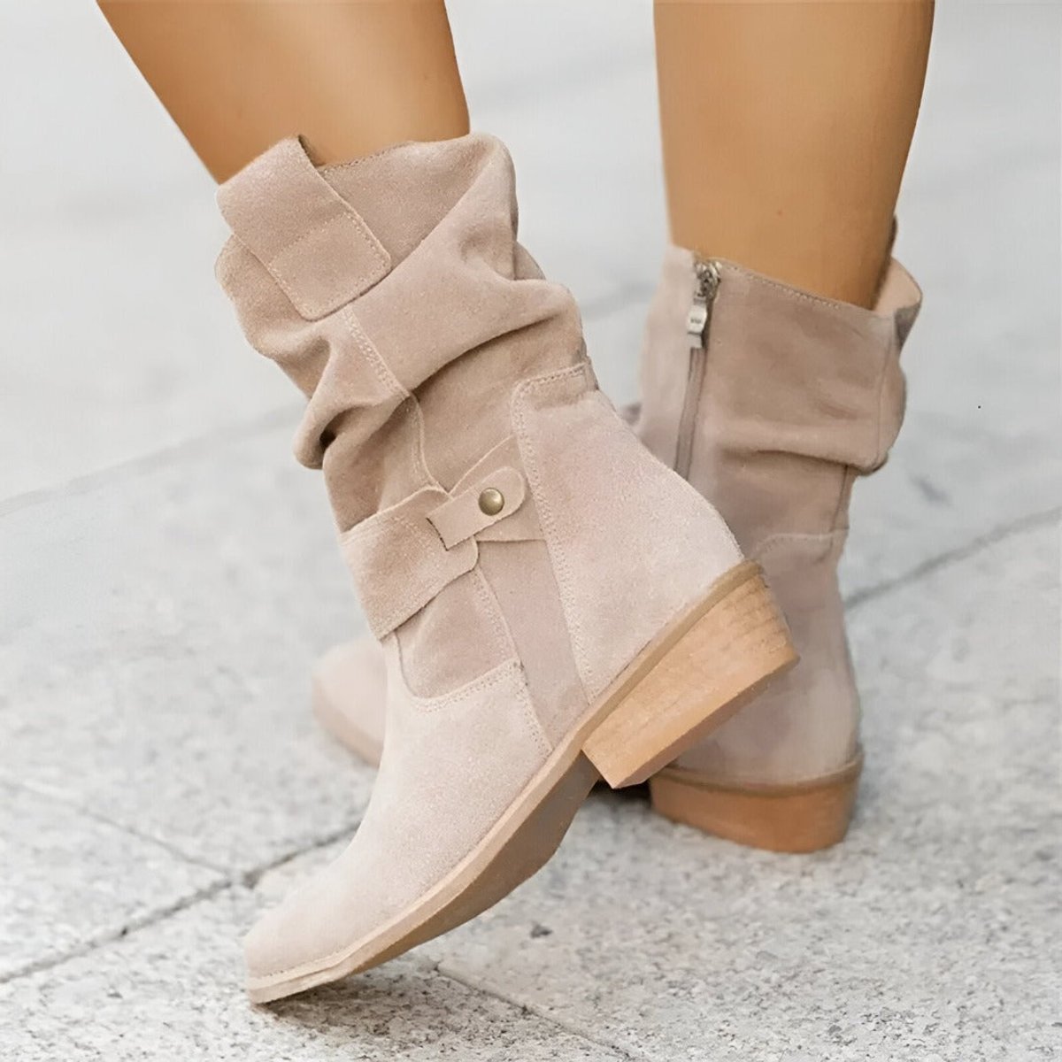 Women knee high slouchy boots with low block heel and faux suede upper