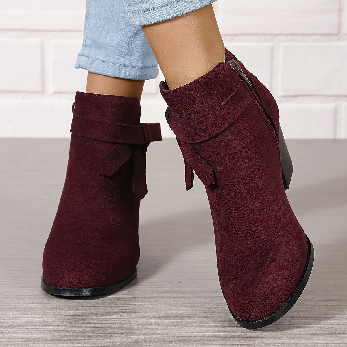 Women pointed toe block heel ankle boots with bow detail and side zip