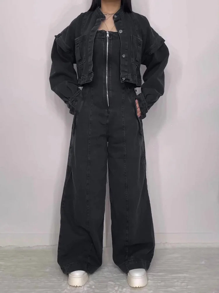 Denim Jumpsuit Set | Zip Front with Matching Jacket | Stretch