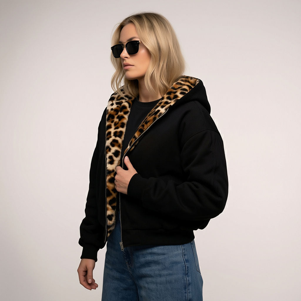 Womens leopard print bomber jacket with hood, black sporty style
