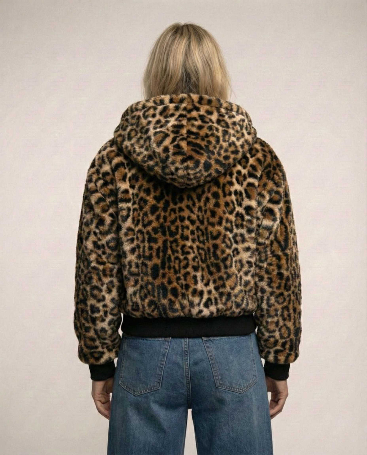 Womens leopard print bomber jacket with hood, black sporty style