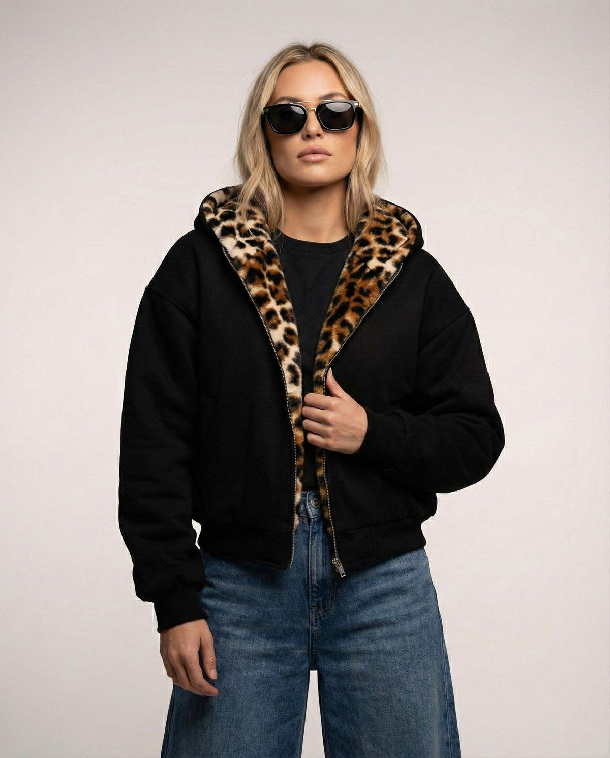 Womens leopard print bomber jacket with hood, black sporty style