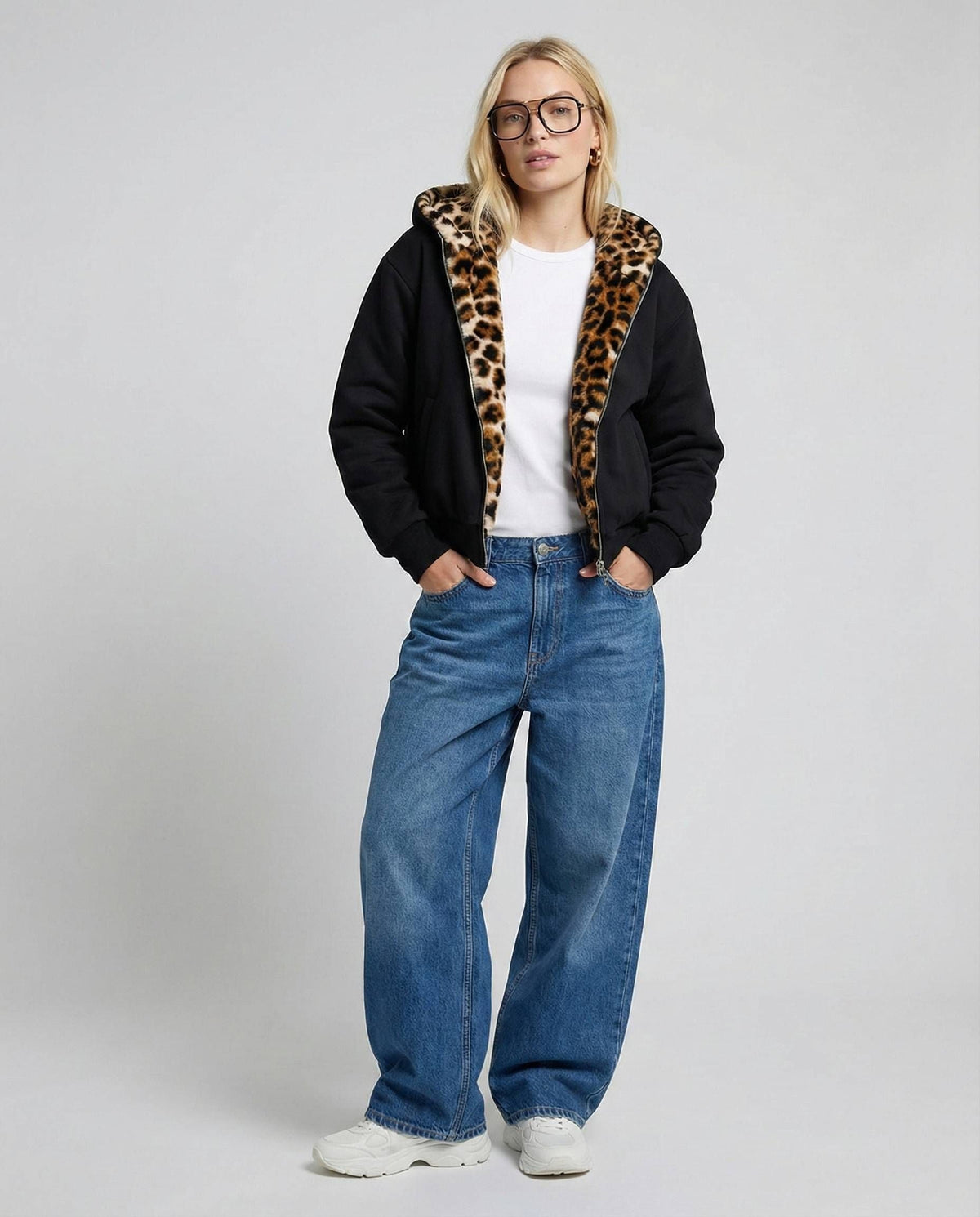Womens leopard print bomber jacket with hood, black sporty style