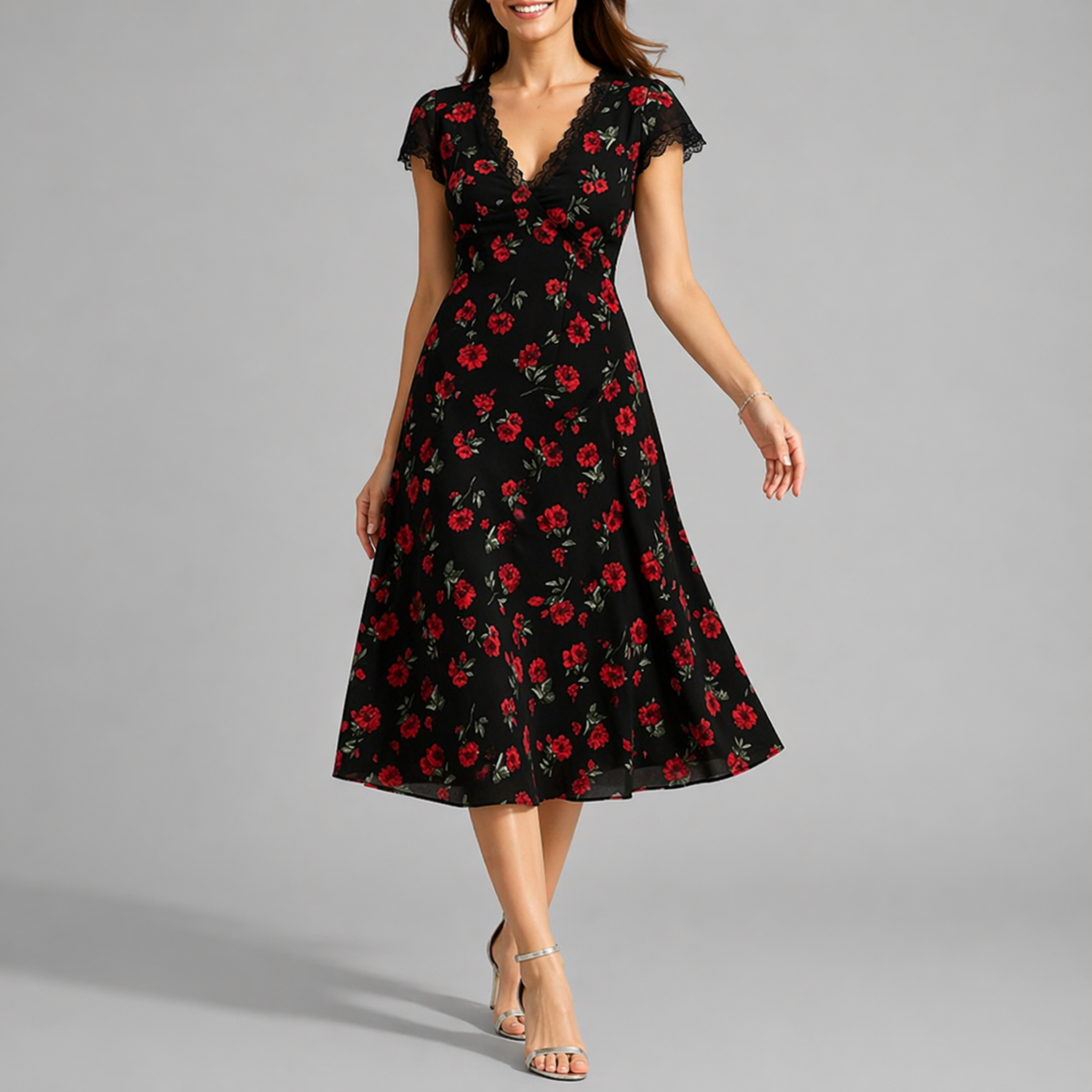 Women floral midi dress lace trim V-neck A-line silhouette