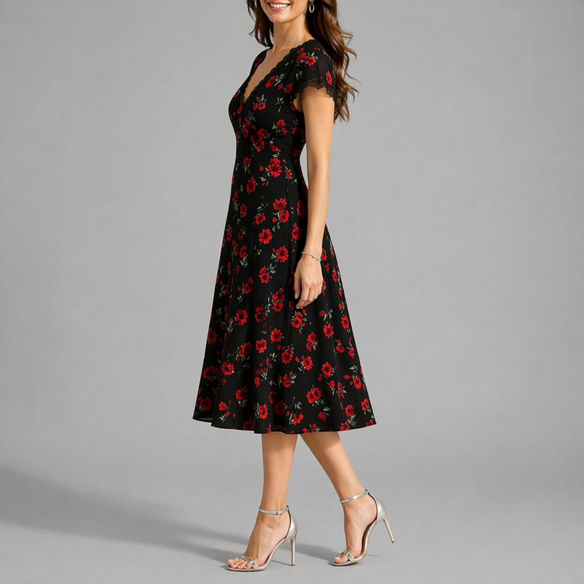 Women floral midi dress lace trim V-neck A-line silhouette