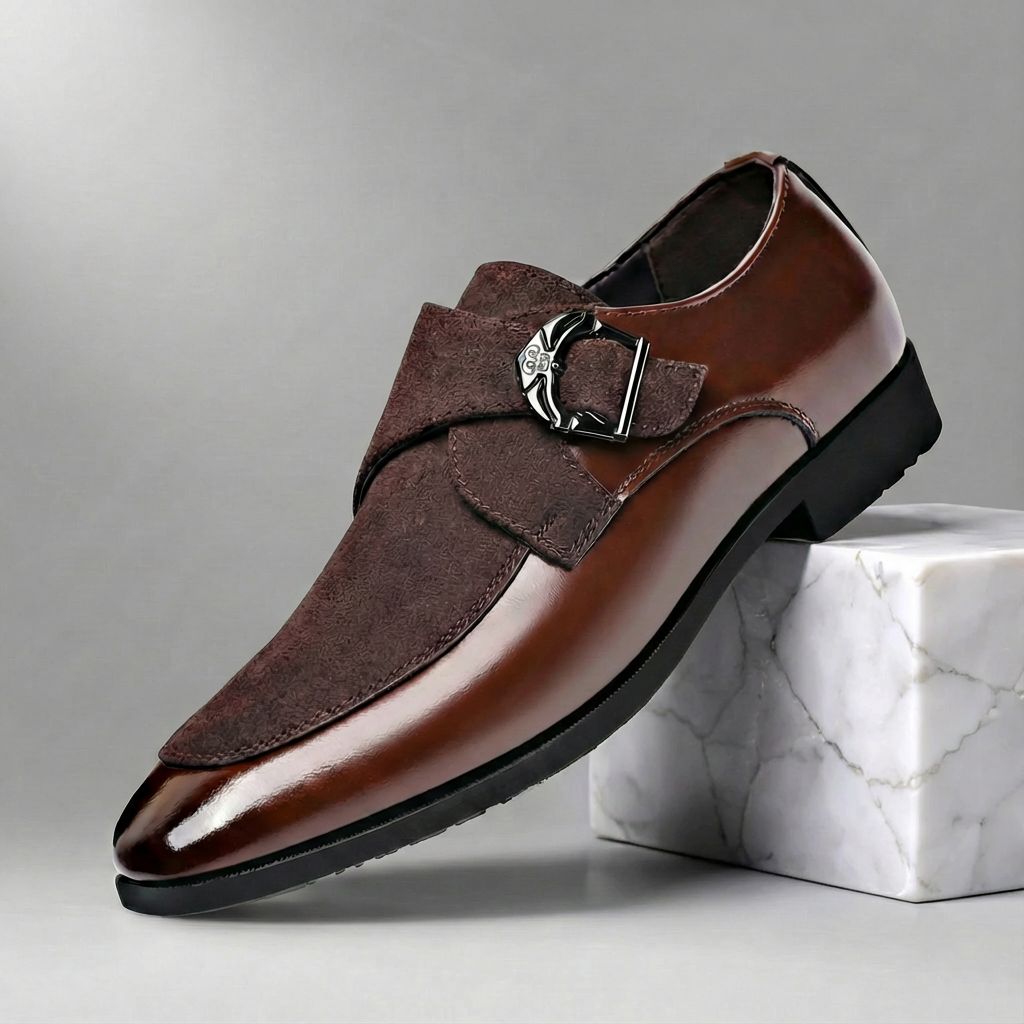 Men suede leather monk strap dress shoes pointed toe two-tone buckle slip-on