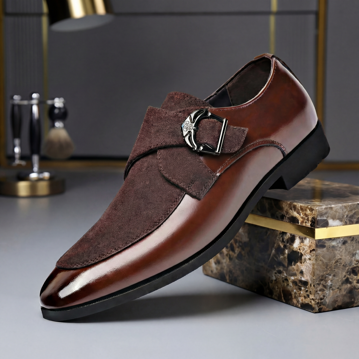 Men suede leather monk strap dress shoes pointed toe two-tone buckle slip-on