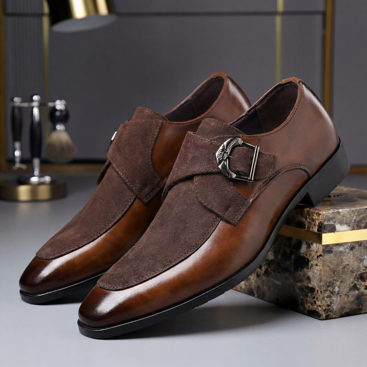 Men suede leather monk strap dress shoes pointed toe two-tone buckle slip-on