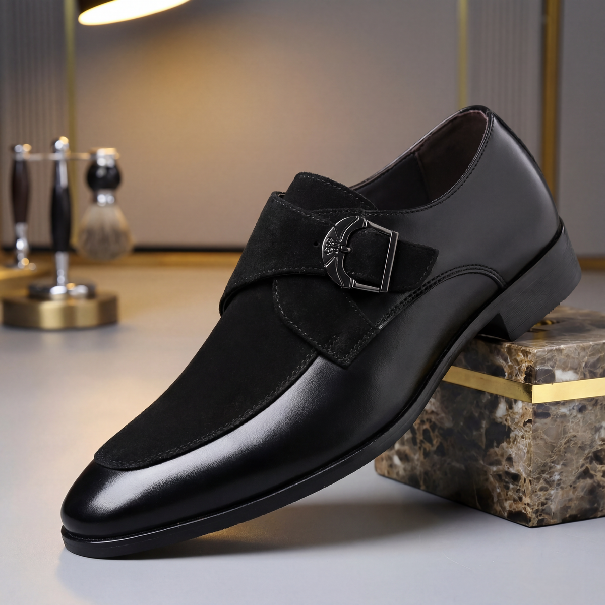 Men suede leather monk strap dress shoes pointed toe two-tone buckle slip-on