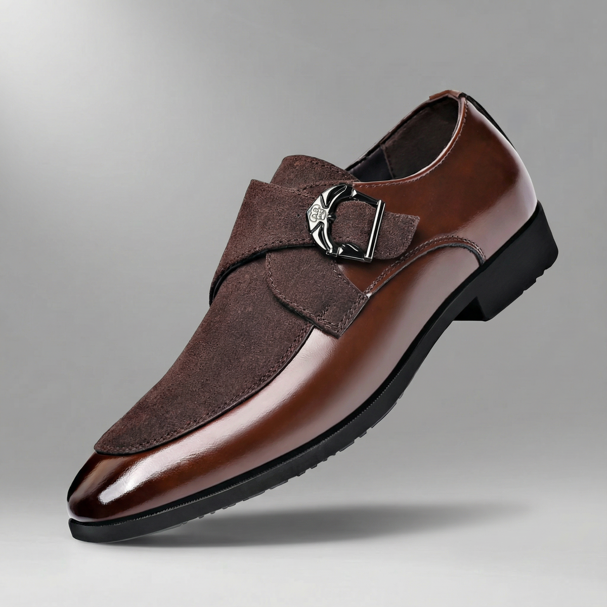 Men suede leather monk strap dress shoes pointed toe two-tone buckle slip-on