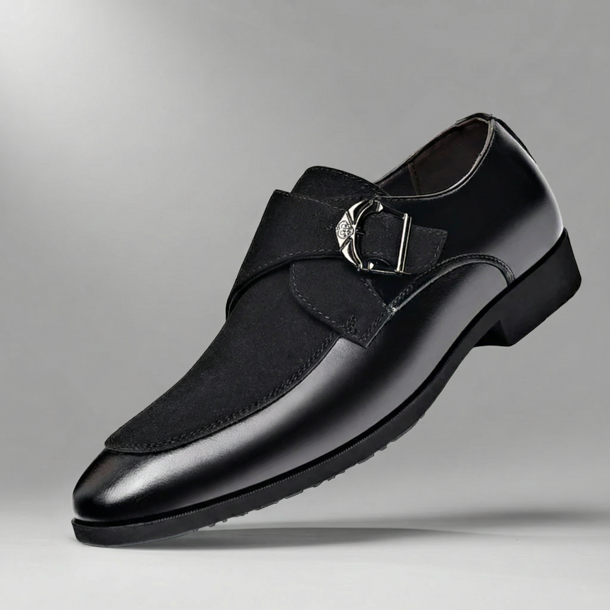 Men suede leather monk strap dress shoes pointed toe two-tone buckle slip-on