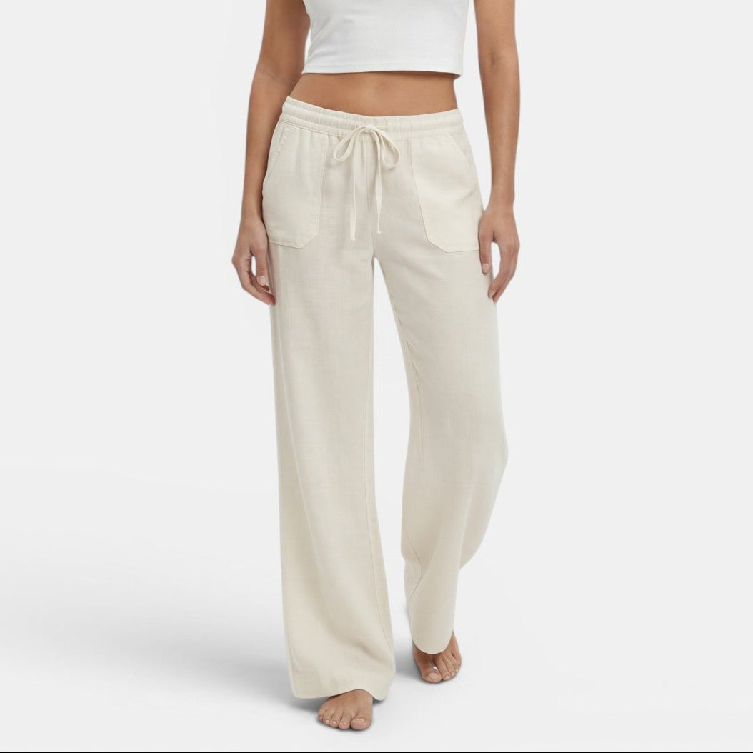 Women linen wide leg pants relaxed fit elastic waistband