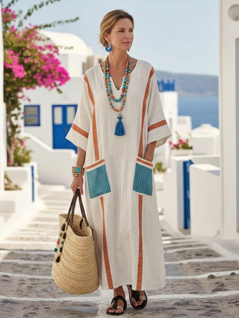Women's Cotton Maxi Dress | V Neck, Front Pockets