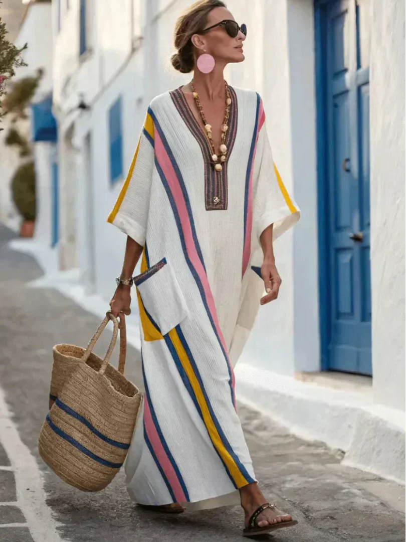 Women's Cotton Maxi Dress | V Neck, Front Pockets