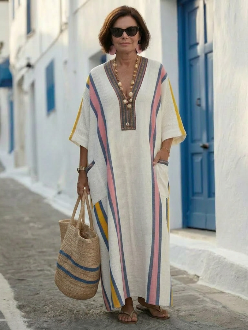 Women's Cotton Maxi Dress | V Neck, Front Pockets