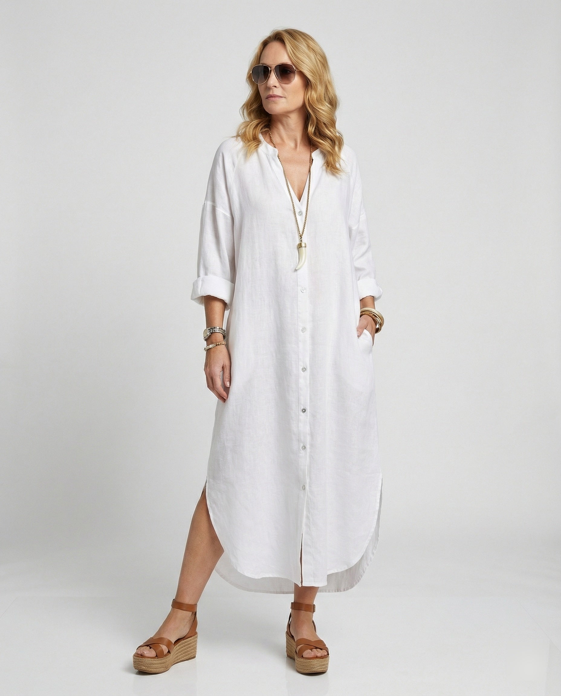 Linen Loose Summer Dress | Kaftan Style, V-Neck | Balloon Sleeves