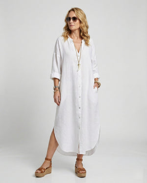 Linen Loose Summer Dress | Kaftan Style, V-Neck | Balloon Sleeves