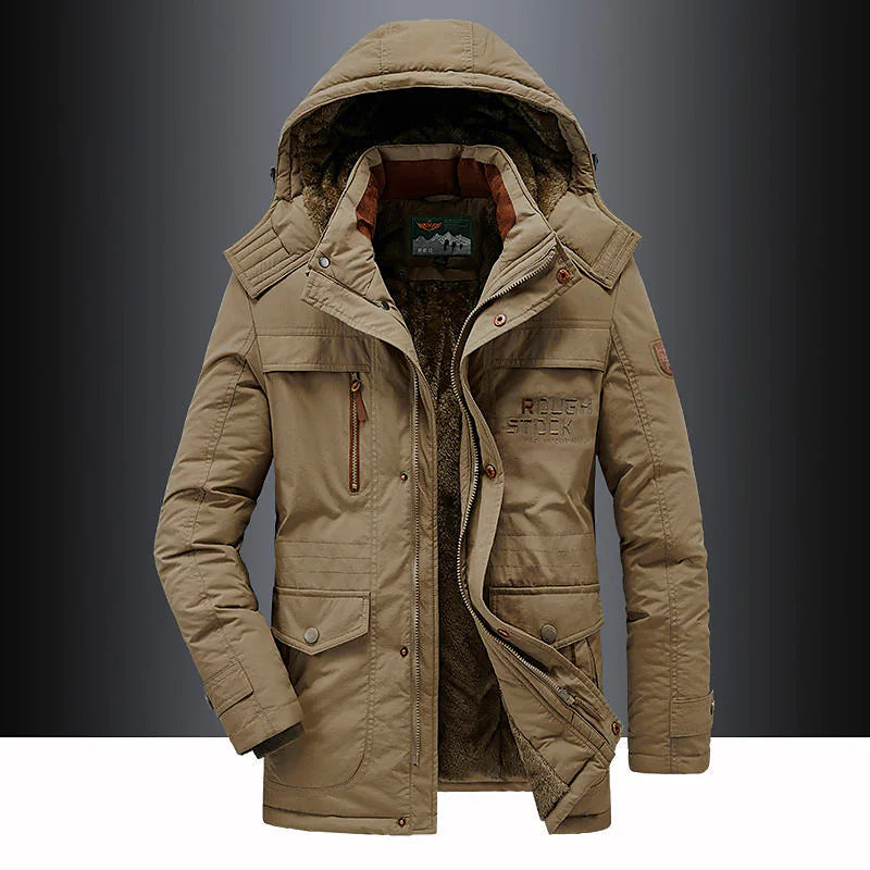 Men midlength hooded parka jacket with zip closure and exterior pockets