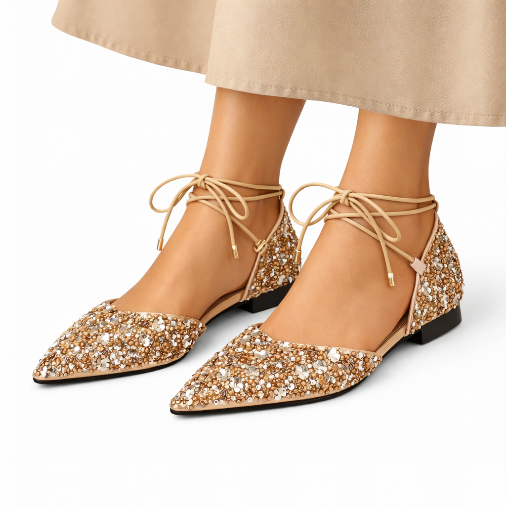 Women's Wedding Shoes | Gold Lace-Up, Pointed Toe | Crystal Embellished