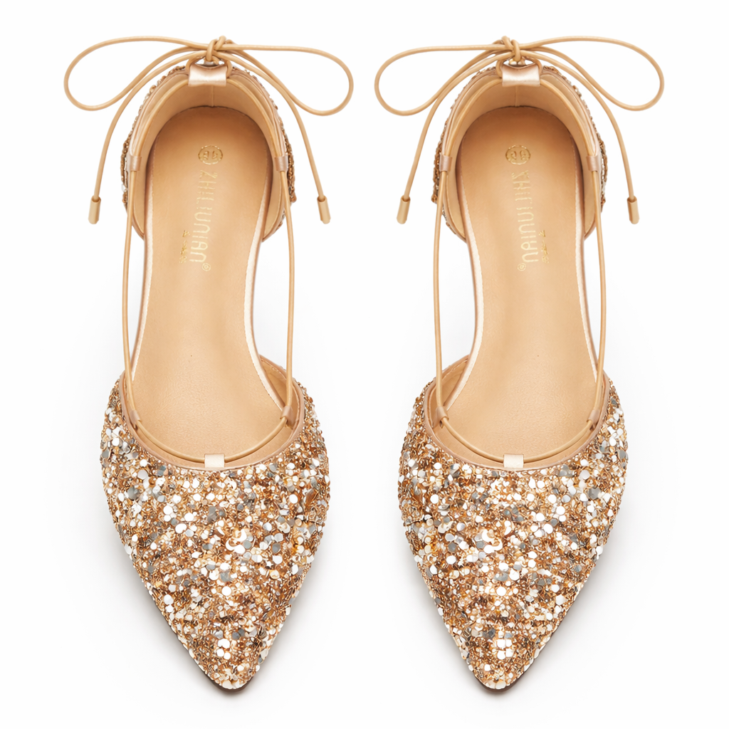 Women's Wedding Shoes | Gold Lace-Up, Pointed Toe | Crystal Embellished