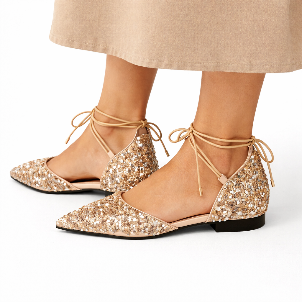 Women's Wedding Shoes | Gold Lace-Up, Pointed Toe | Crystal Embellished
