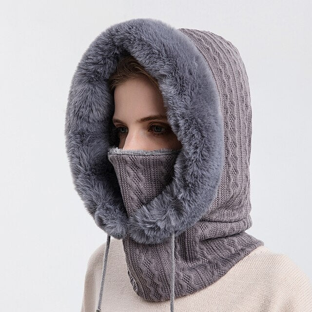 Balaclava Hoodie | Unisex Knit, Faux Fur Lined | Winter Face Cover