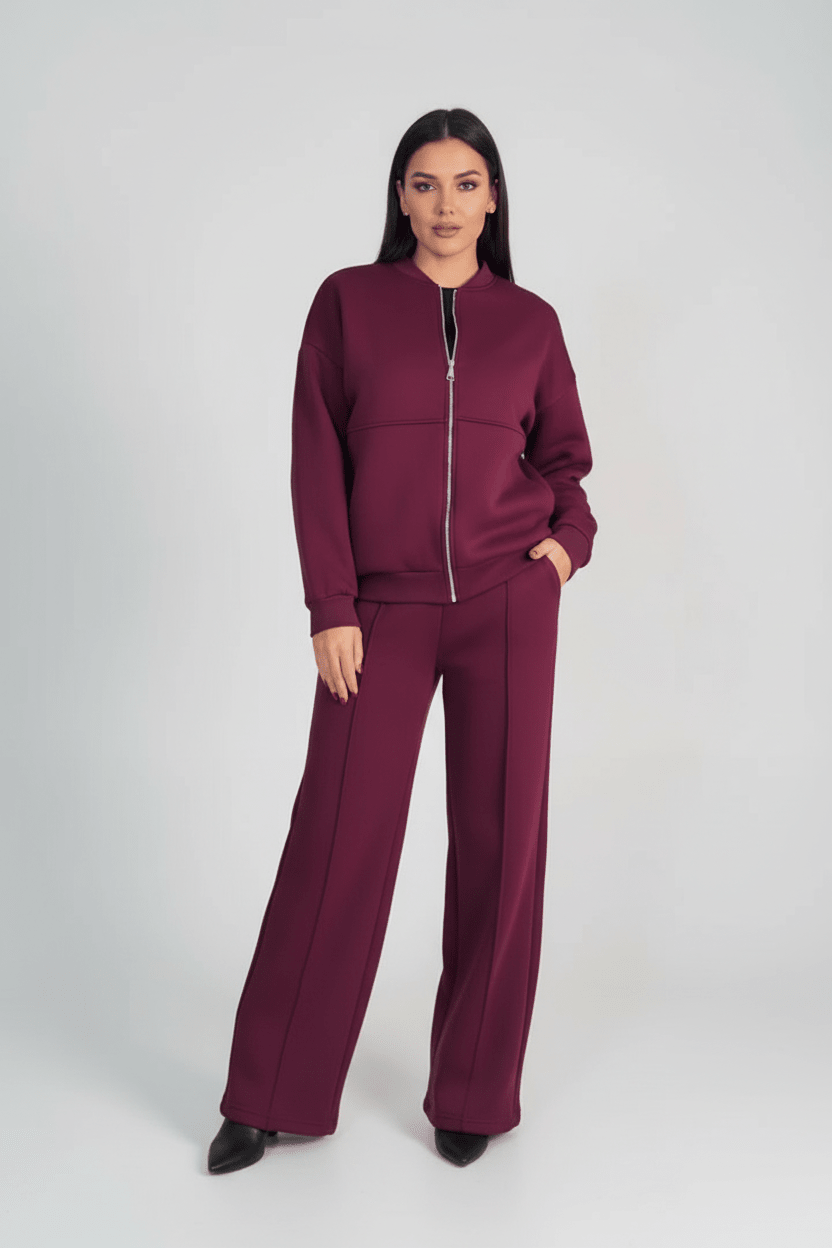 Womens 2 piece zip sweatshirt wide leg set in soft knit with side pockets