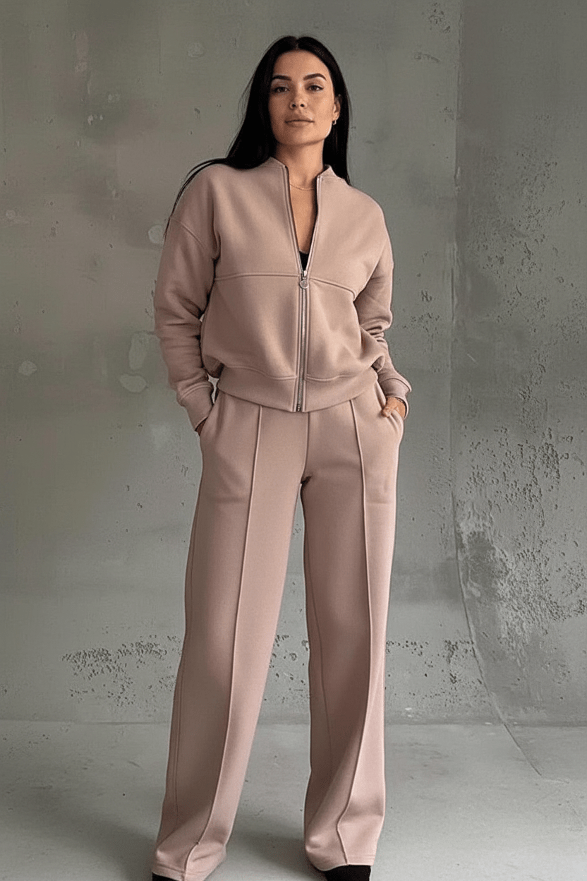 Womens 2 piece zip sweatshirt wide leg set in soft knit with side pockets