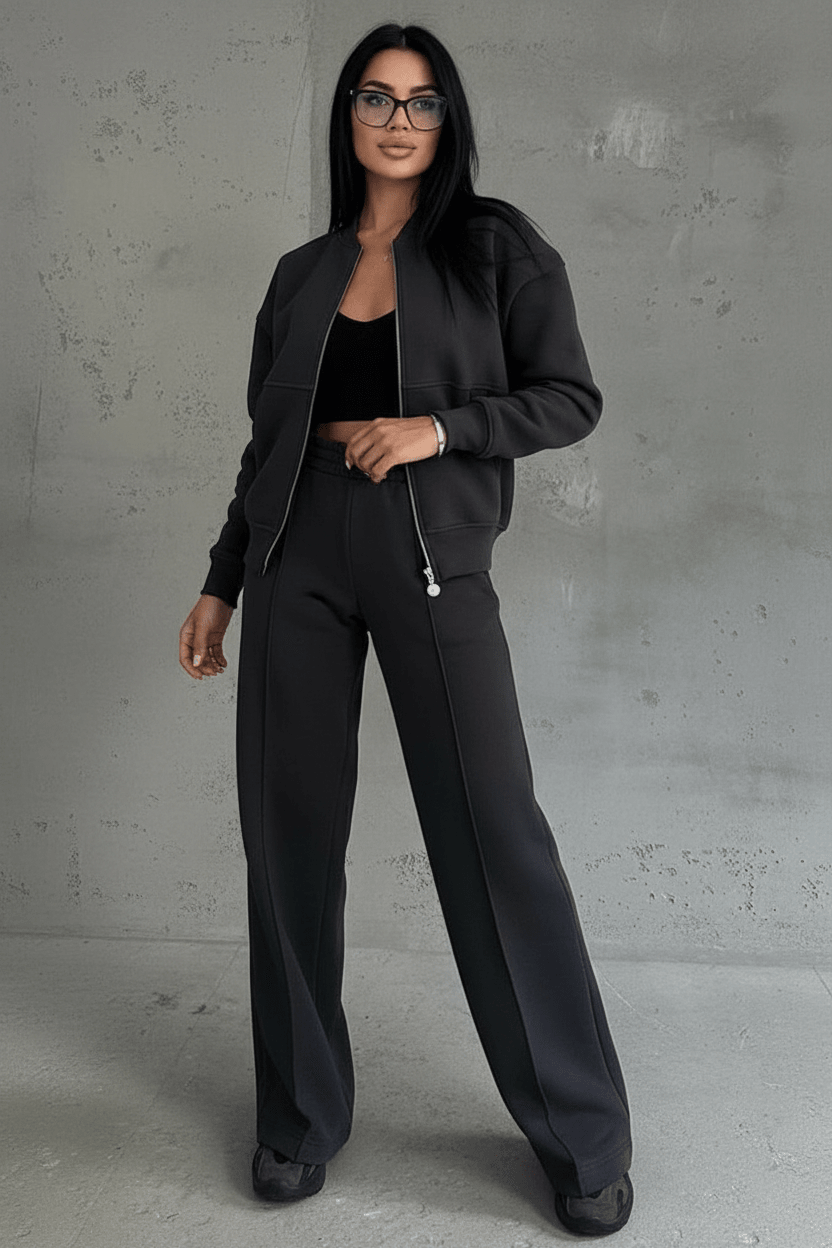 Womens 2 piece zip sweatshirt wide leg set in soft knit with side pockets
