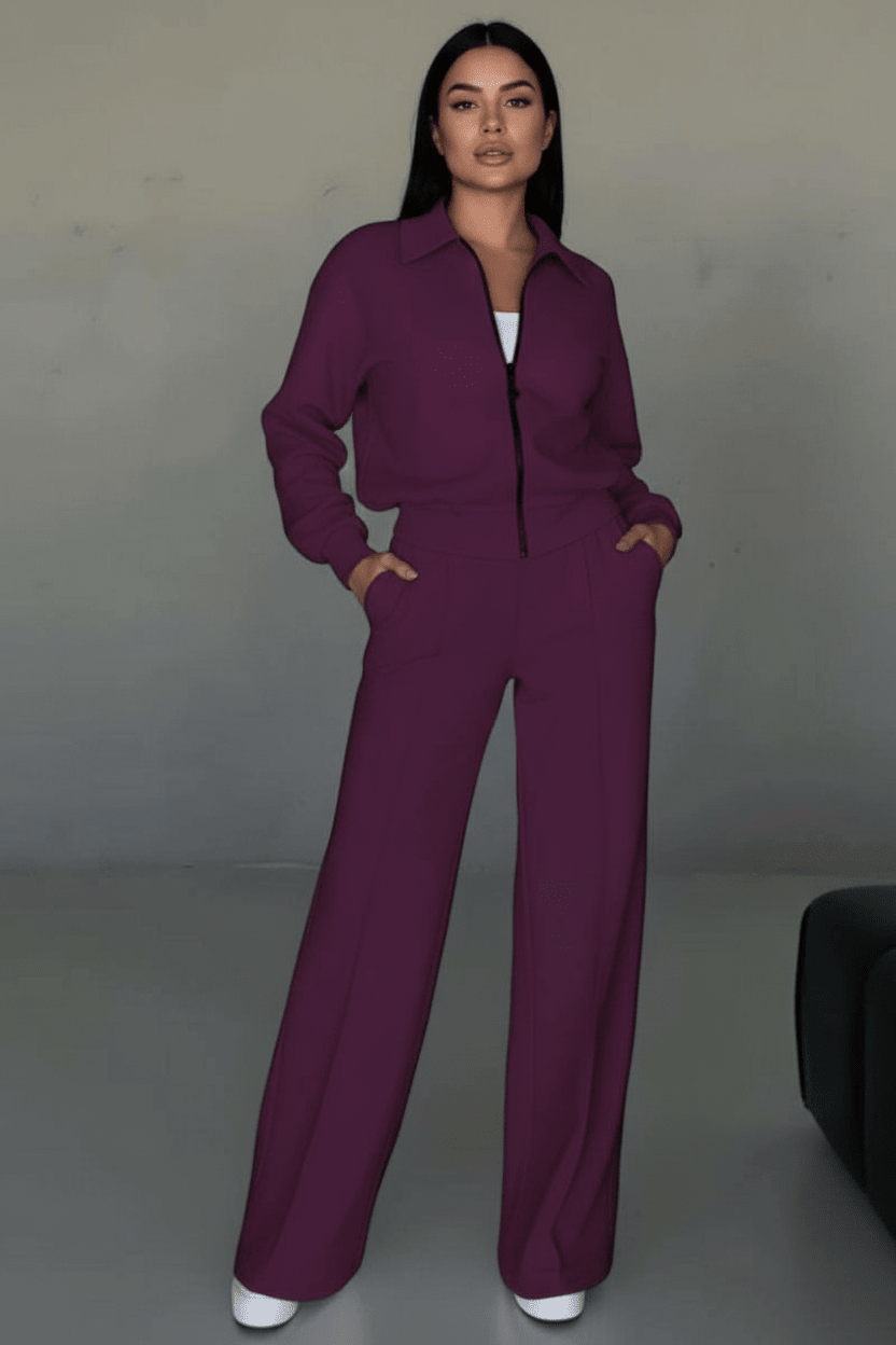 Womens 2 piece zip sweatshirt wide leg set in soft knit with side pockets