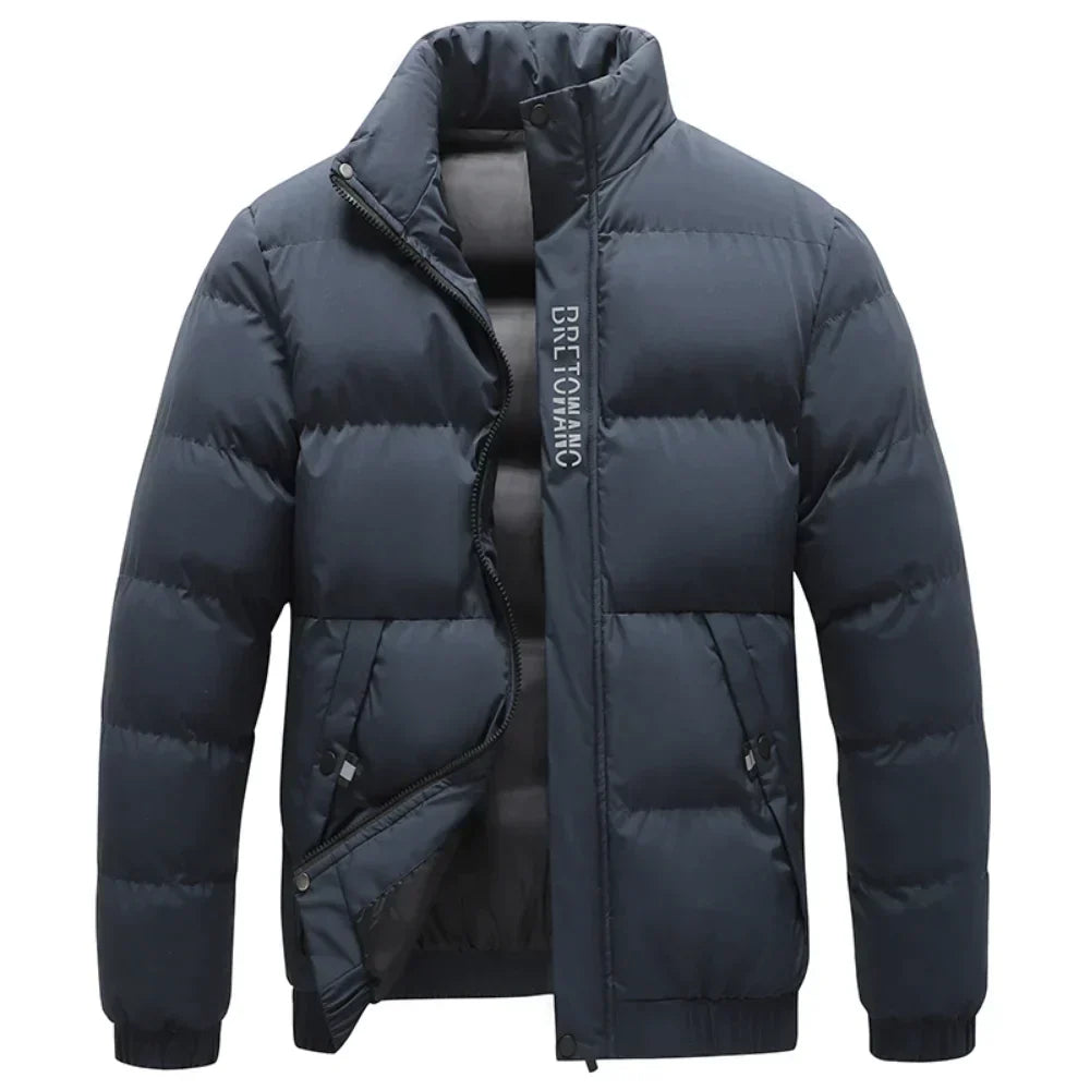 Mens puffer jacket stand collar with quilted insulated design