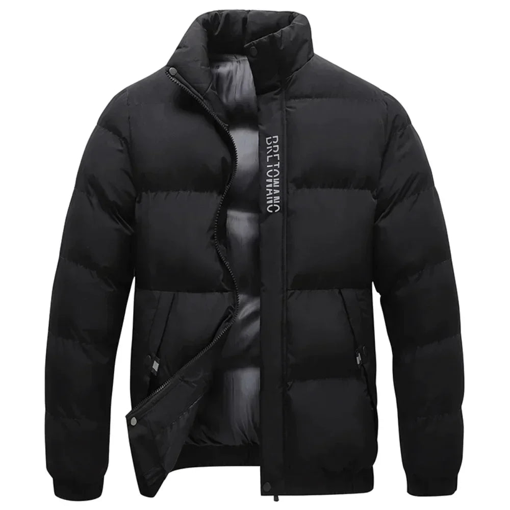 Mens puffer jacket stand collar with quilted insulated design
