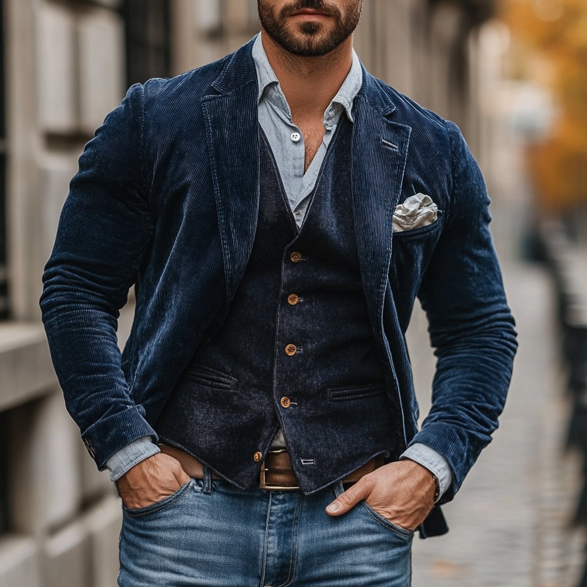 Men corduroy blazer gilet 2 piece set vintage style autumn winter