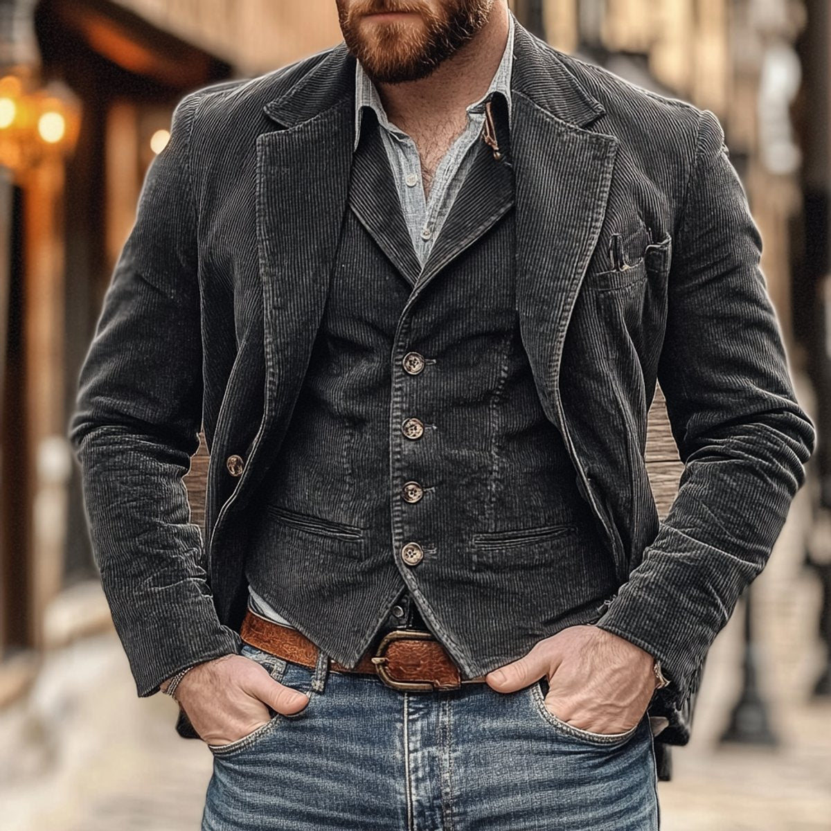 Men corduroy blazer gilet 2 piece set vintage style autumn winter